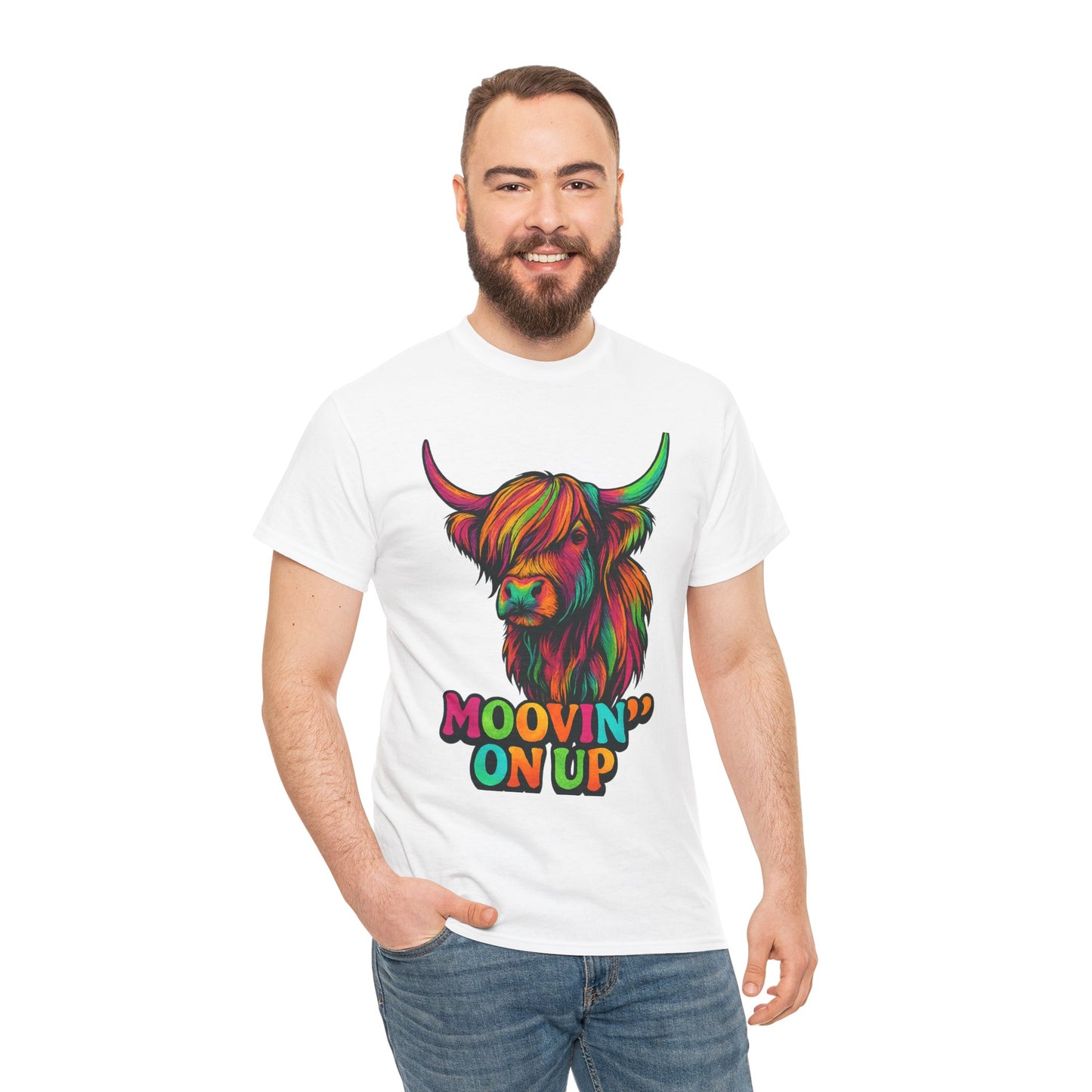 Neon "Hairy Coo, Moo'vin on up" Scottish slogan T-Shirt, Various colors & sizes available
