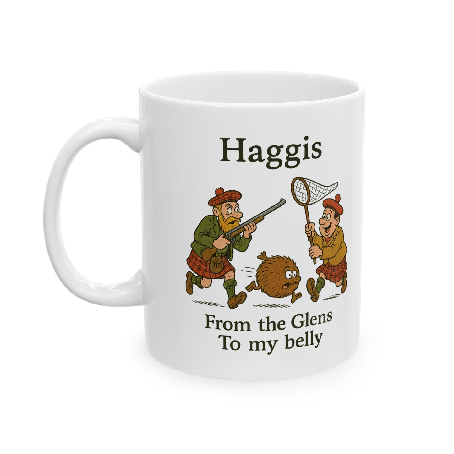 Scottish Heritage Ceramic Coffee Mug, "Haggis Hunting" 2 sizes