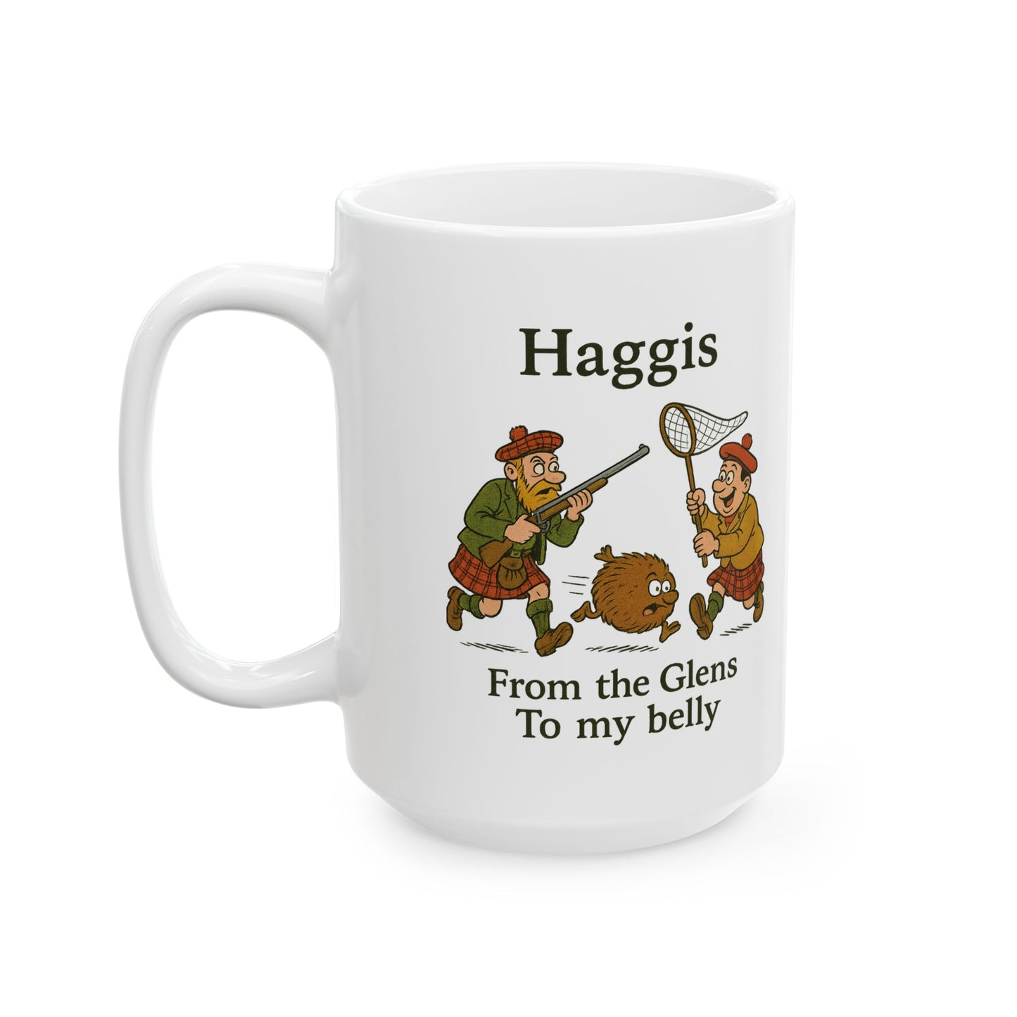 Scottish Heritage Ceramic Coffee Mug, "Haggis Hunting" 2 sizes