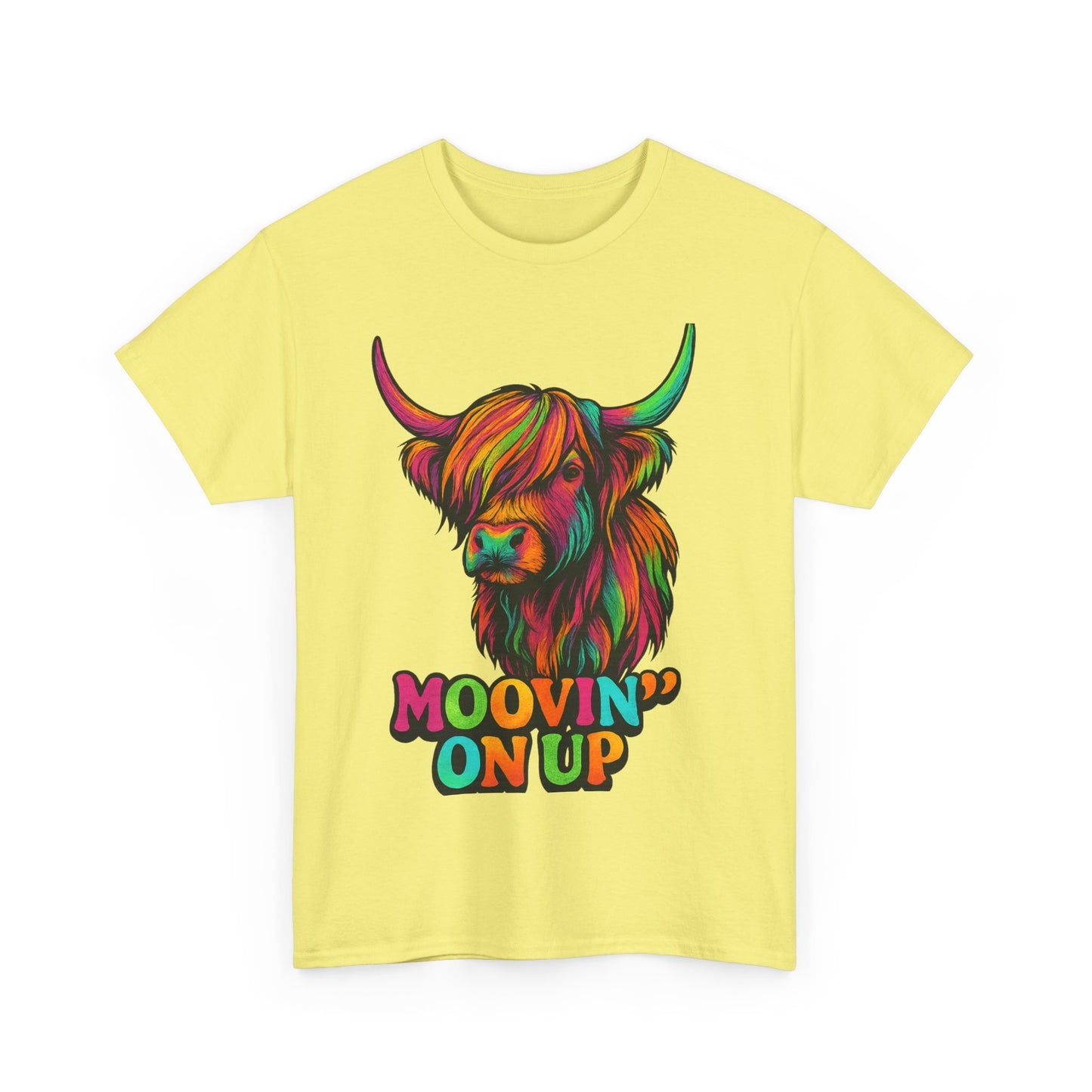 Neon "Hairy Coo, Moo'vin on up" Scottish slogan T-Shirt, Various colors & sizes available