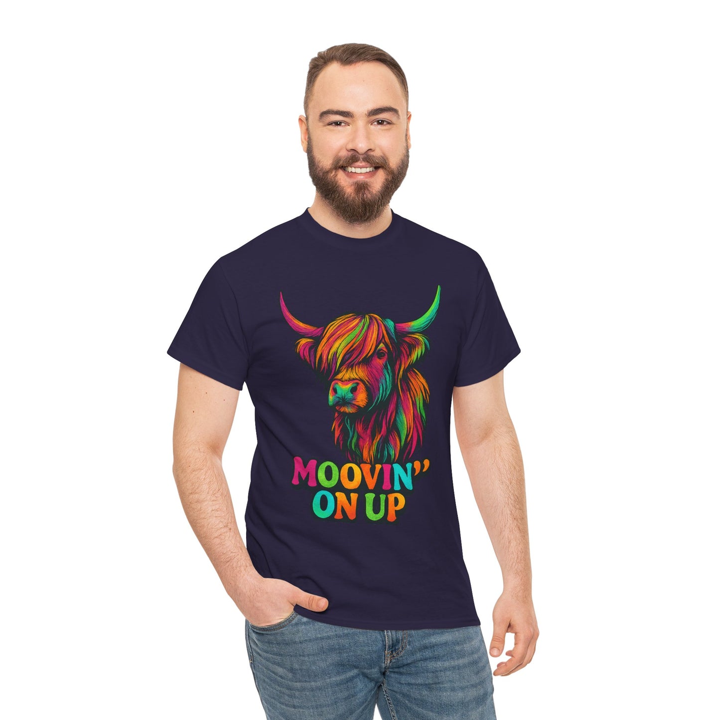 Neon "Hairy Coo, Moo'vin on up" Scottish slogan T-Shirt, Various colors & sizes available