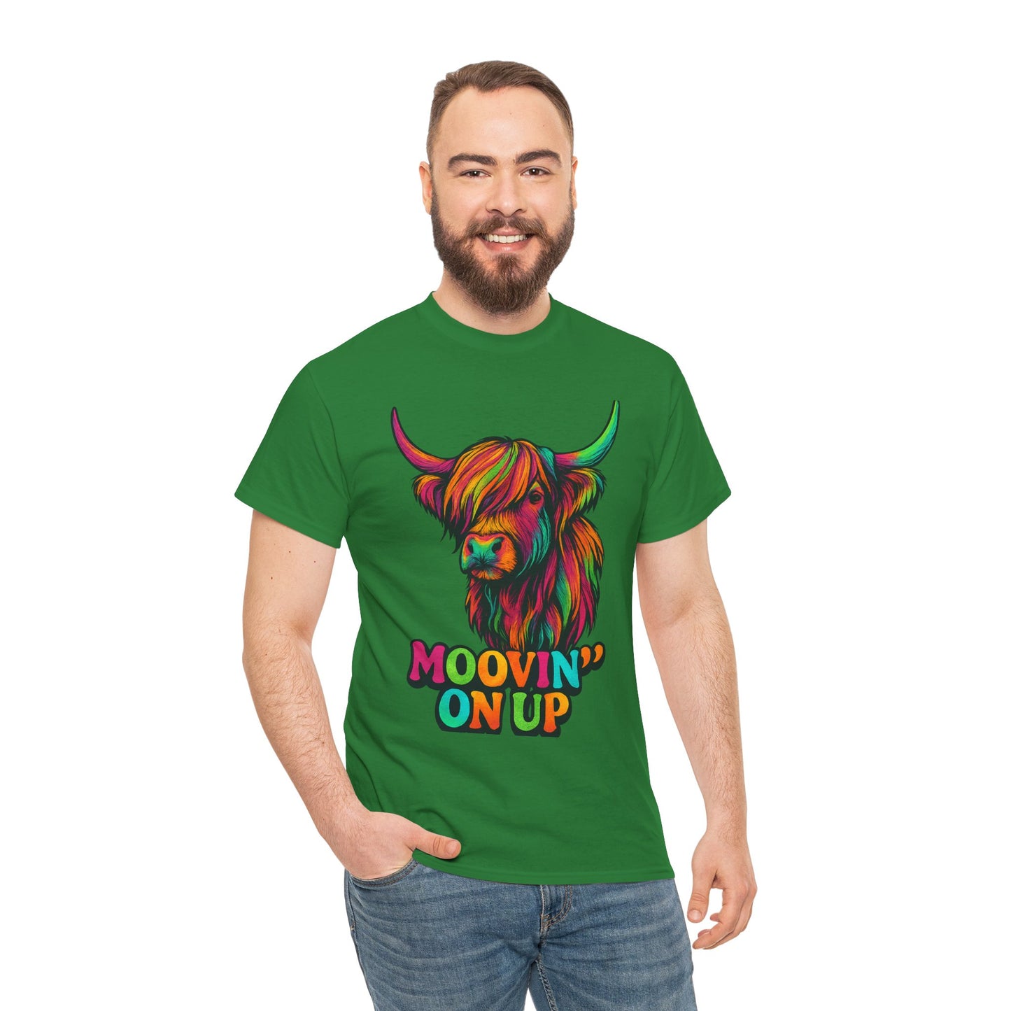 Neon "Hairy Coo, Moo'vin on up" Scottish slogan T-Shirt, Various colors & sizes available