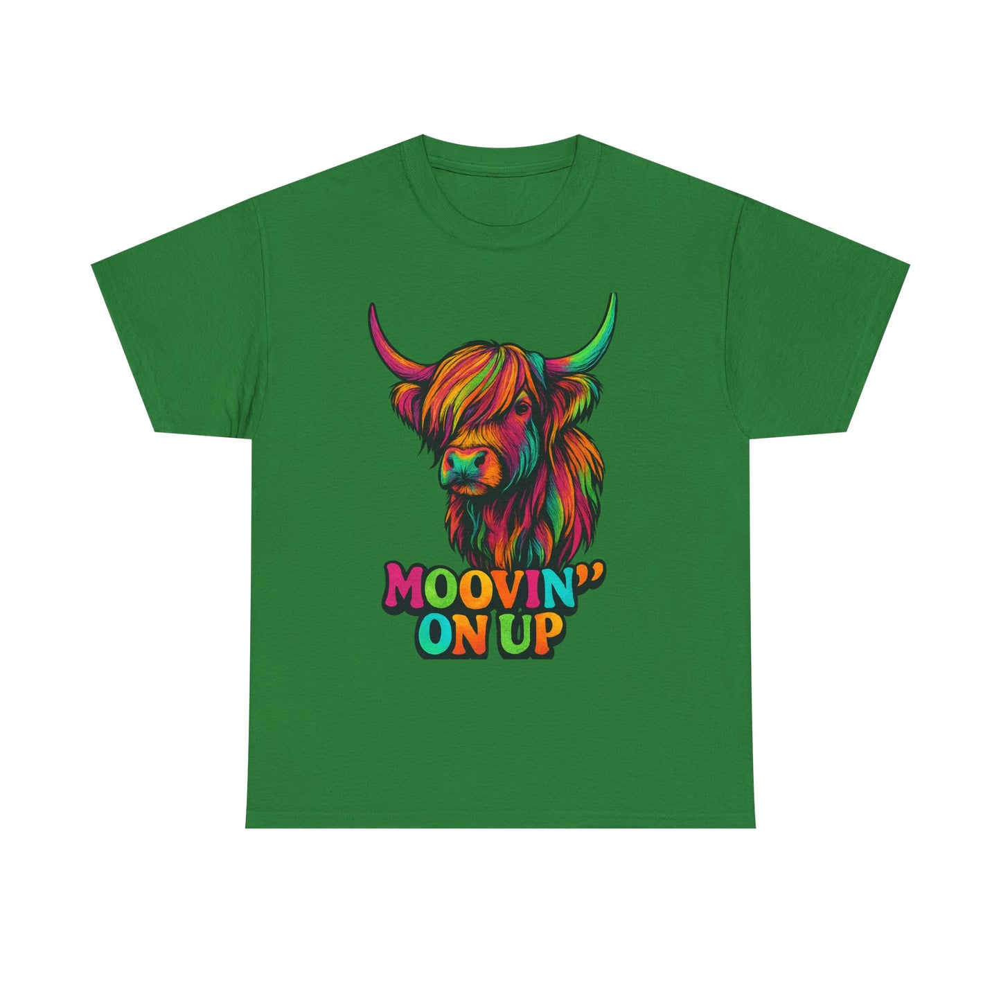 Neon "Hairy Coo, Moo'vin on up" Scottish slogan T-Shirt, Various colors & sizes available