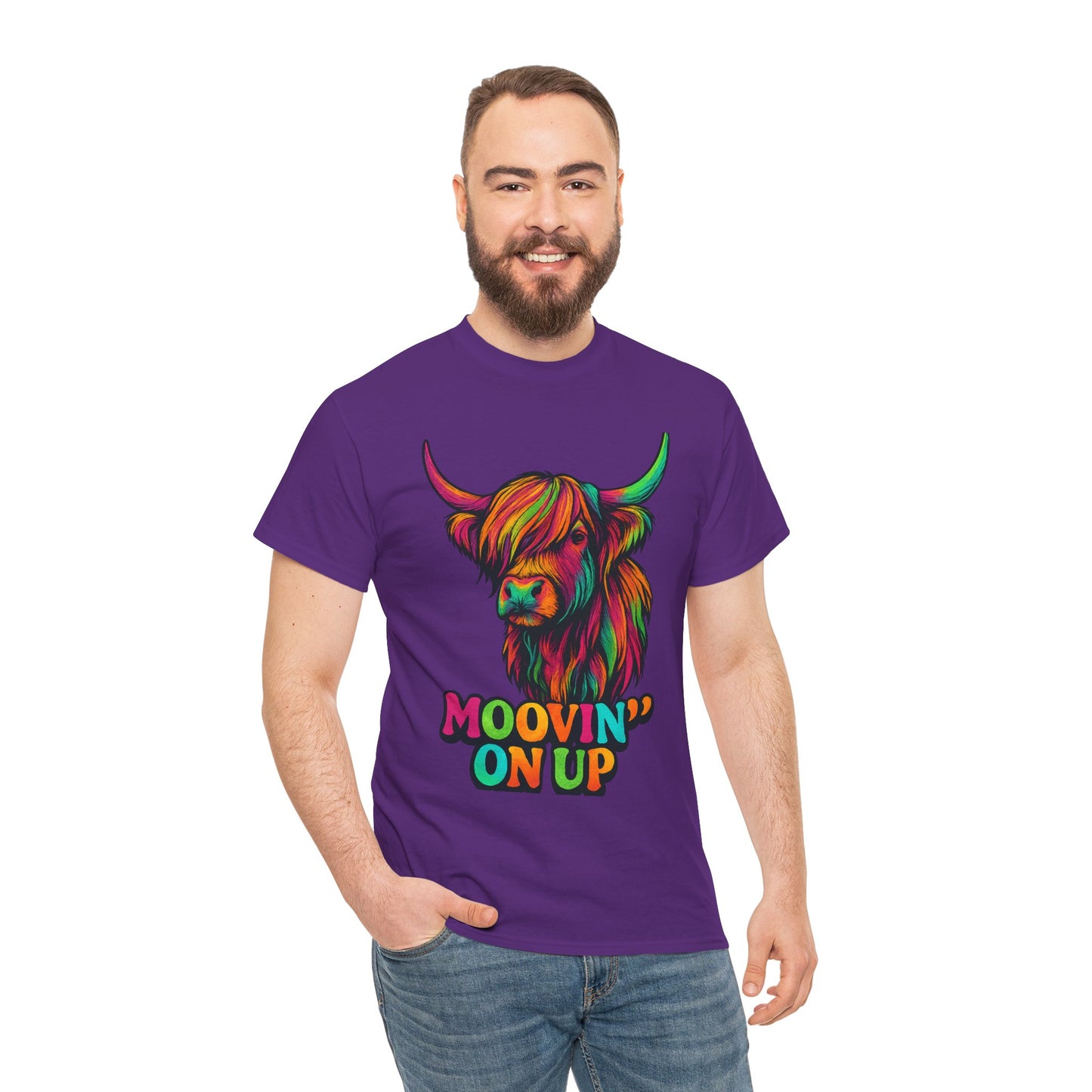 Neon "Hairy Coo, Moo'vin on up" Scottish slogan T-Shirt, Various colors & sizes available
