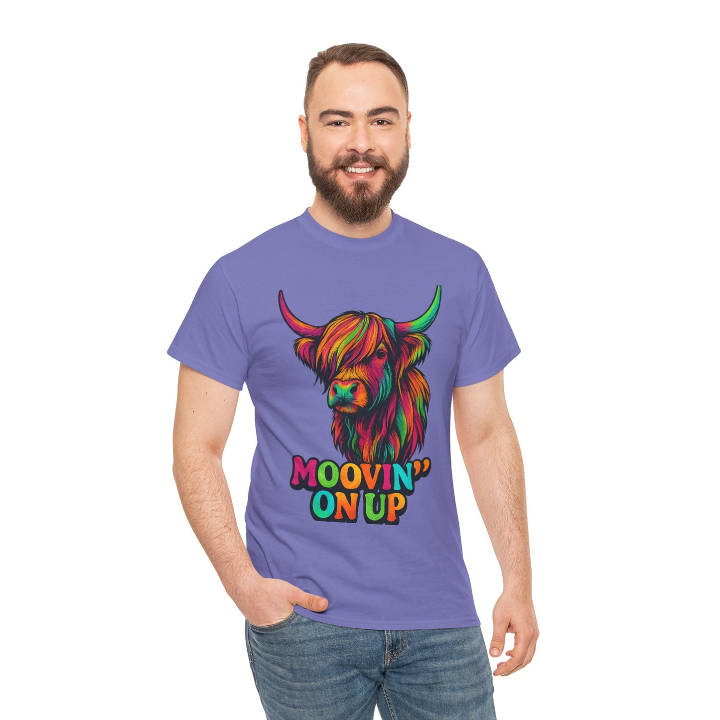 Neon "Hairy Coo, Moo'vin on up" Scottish slogan T-Shirt, Various colors & sizes available