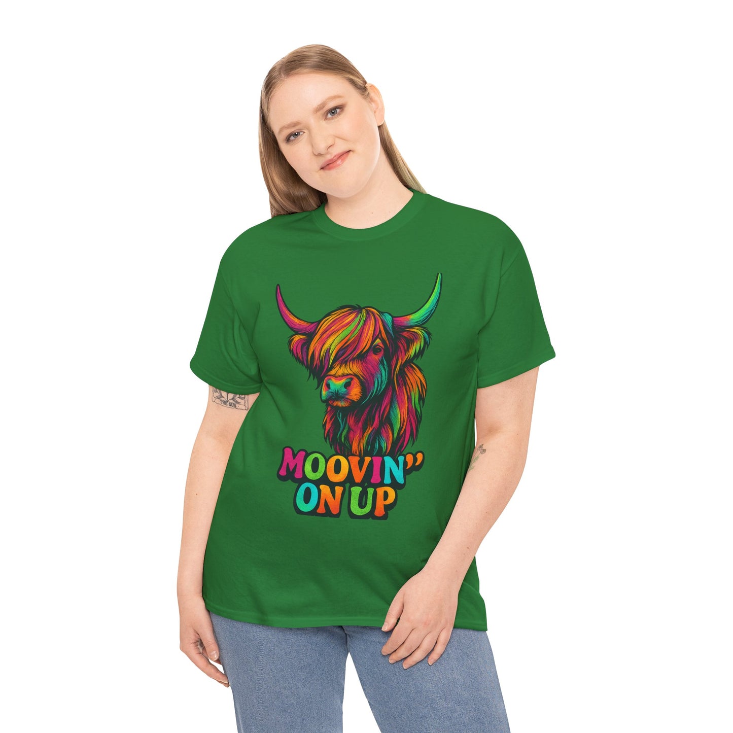 Neon "Hairy Coo, Moo'vin on up" Scottish slogan T-Shirt, Various colors & sizes available