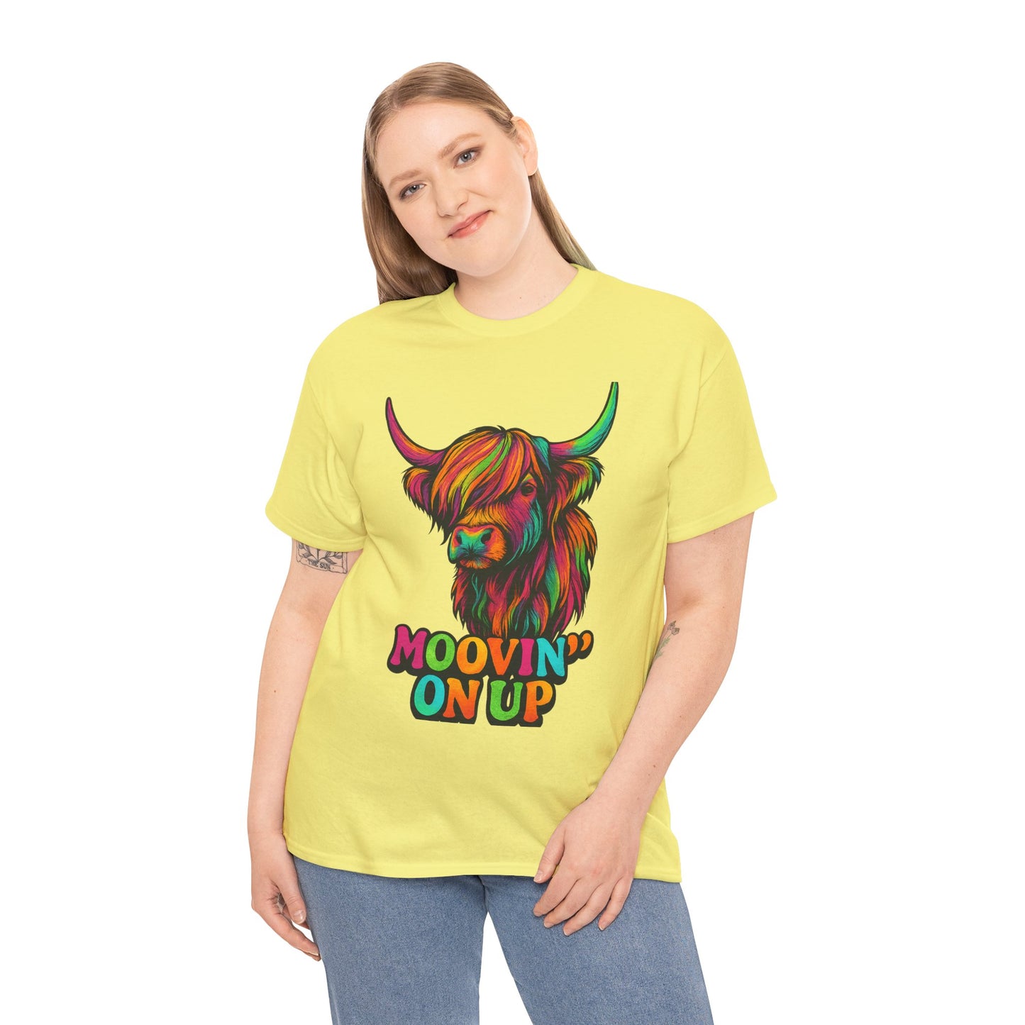 Neon "Hairy Coo, Moo'vin on up" Scottish slogan T-Shirt, Various colors & sizes available