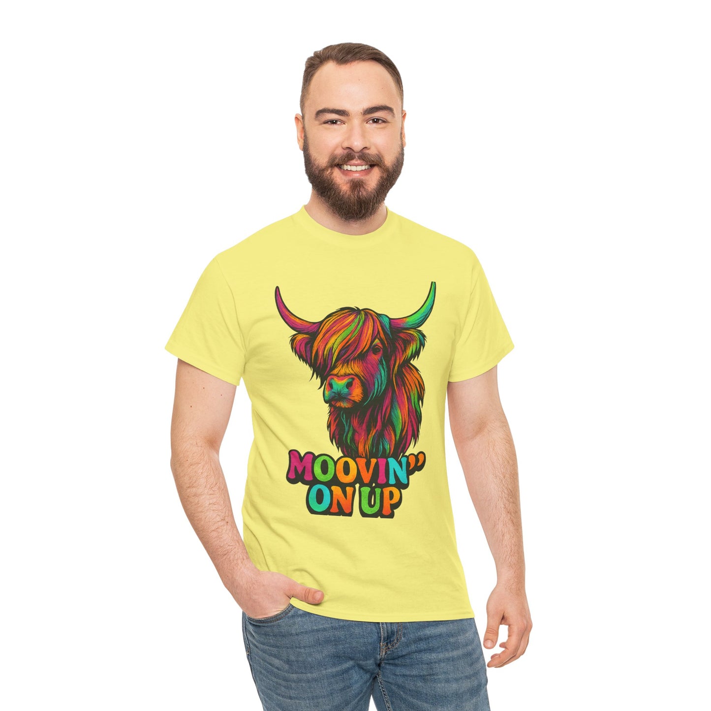 Neon "Hairy Coo, Moo'vin on up" Scottish slogan T-Shirt, Various colors & sizes available