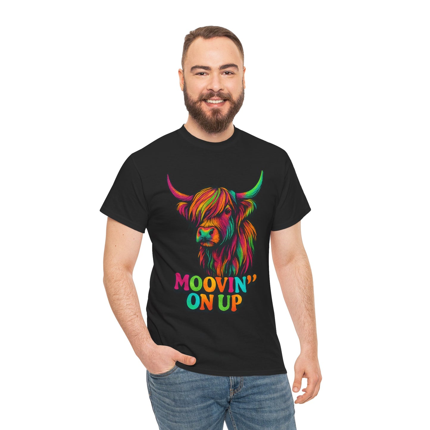 Neon "Hairy Coo, Moo'vin on up" Scottish slogan T-Shirt, Various colors & sizes available