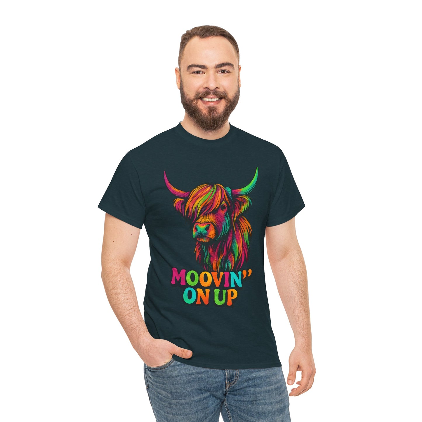 Neon "Hairy Coo, Moo'vin on up" Scottish slogan T-Shirt, Various colors & sizes available