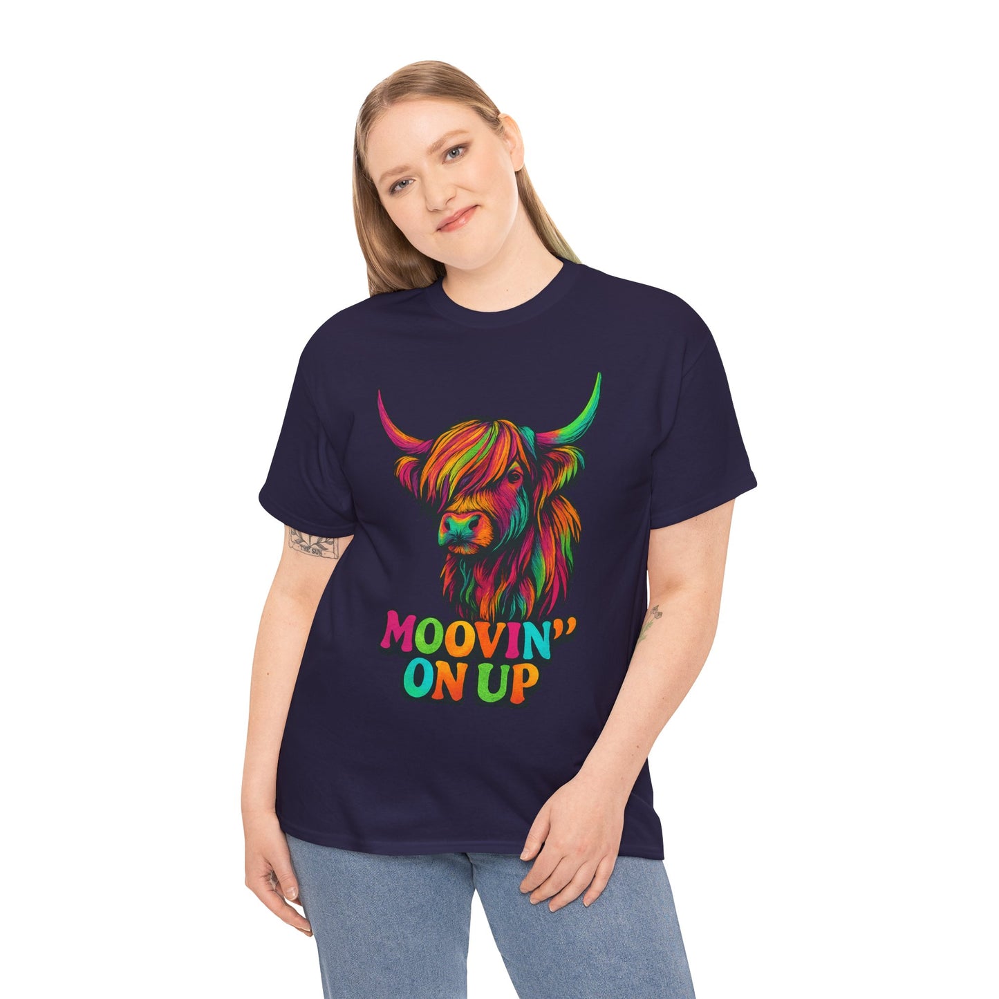 Neon "Hairy Coo, Moo'vin on up" Scottish slogan T-Shirt, Various colors & sizes available