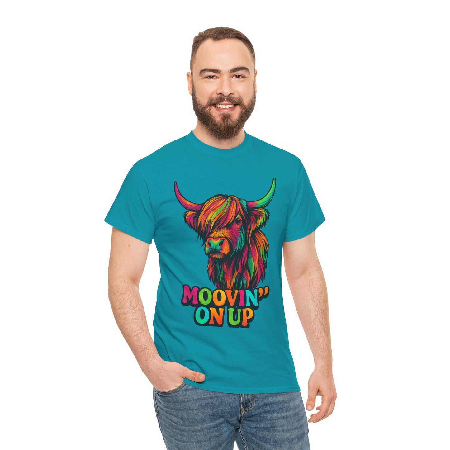Neon "Hairy Coo, Moo'vin on up" Scottish slogan T-Shirt, Various colors & sizes available