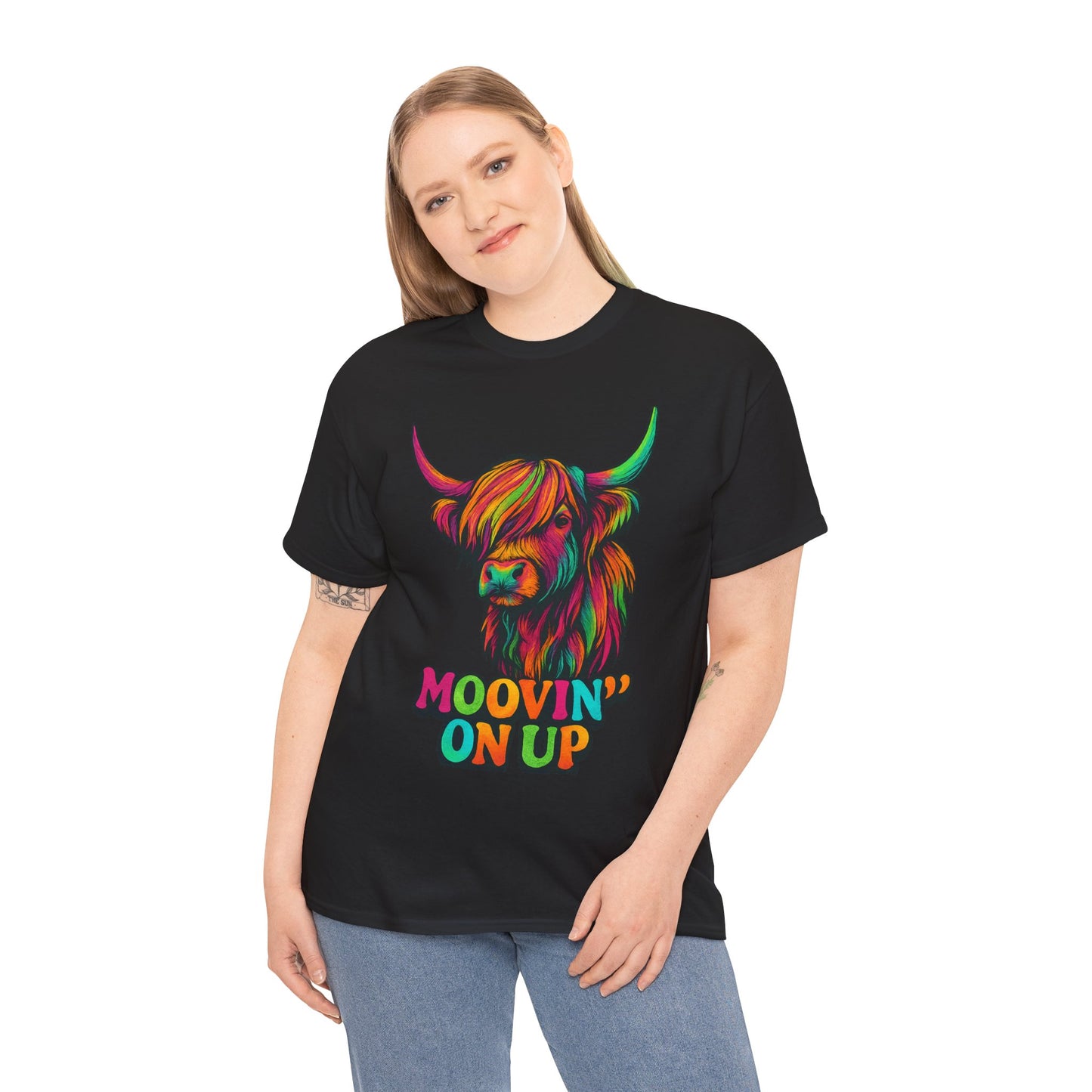 Neon "Hairy Coo, Moo'vin on up" Scottish slogan T-Shirt, Various colors & sizes available
