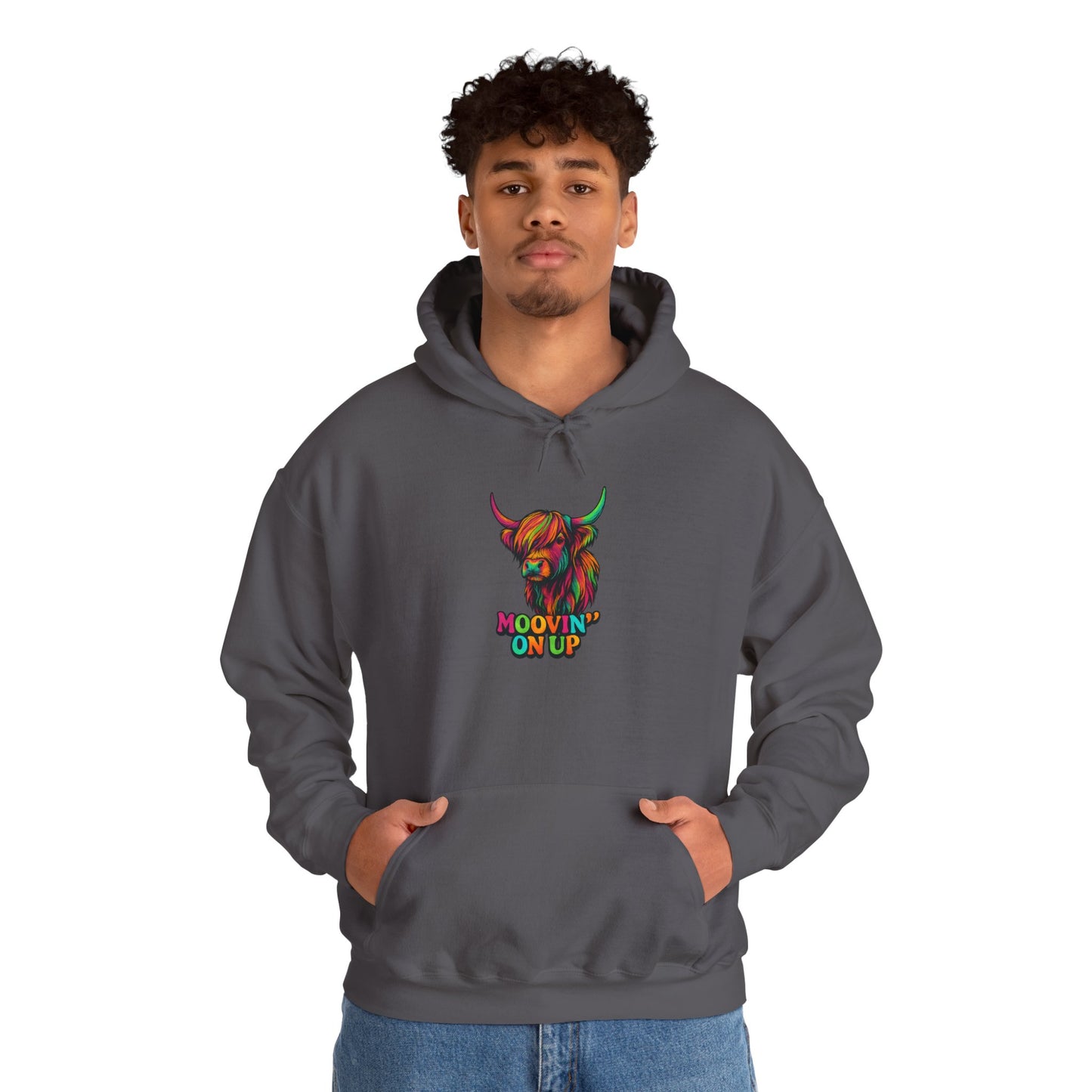 "Neon Hairy Coo, Moo'vin on up" Scottish inspired Hoodie, Various Colors & sizes