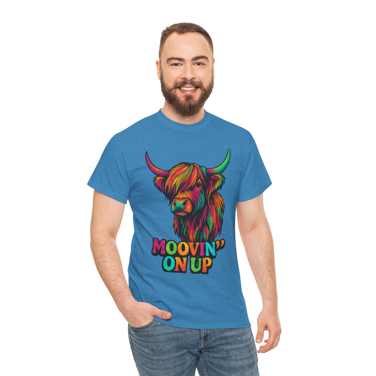 Neon "Hairy Coo, Moo'vin on up" Scottish slogan T-Shirt, Various colors & sizes available