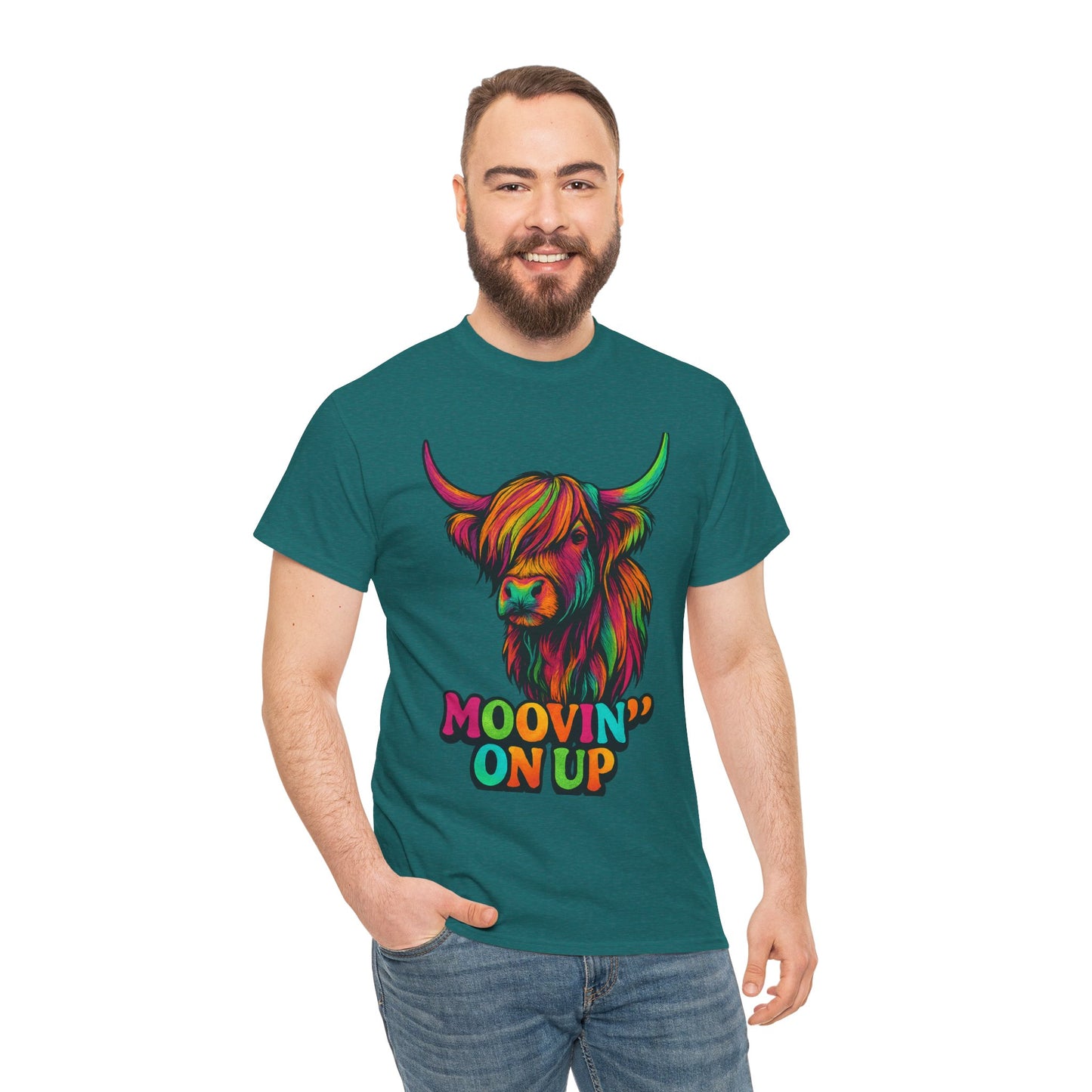 Neon "Hairy Coo, Moo'vin on up" Scottish slogan T-Shirt, Various colors & sizes available