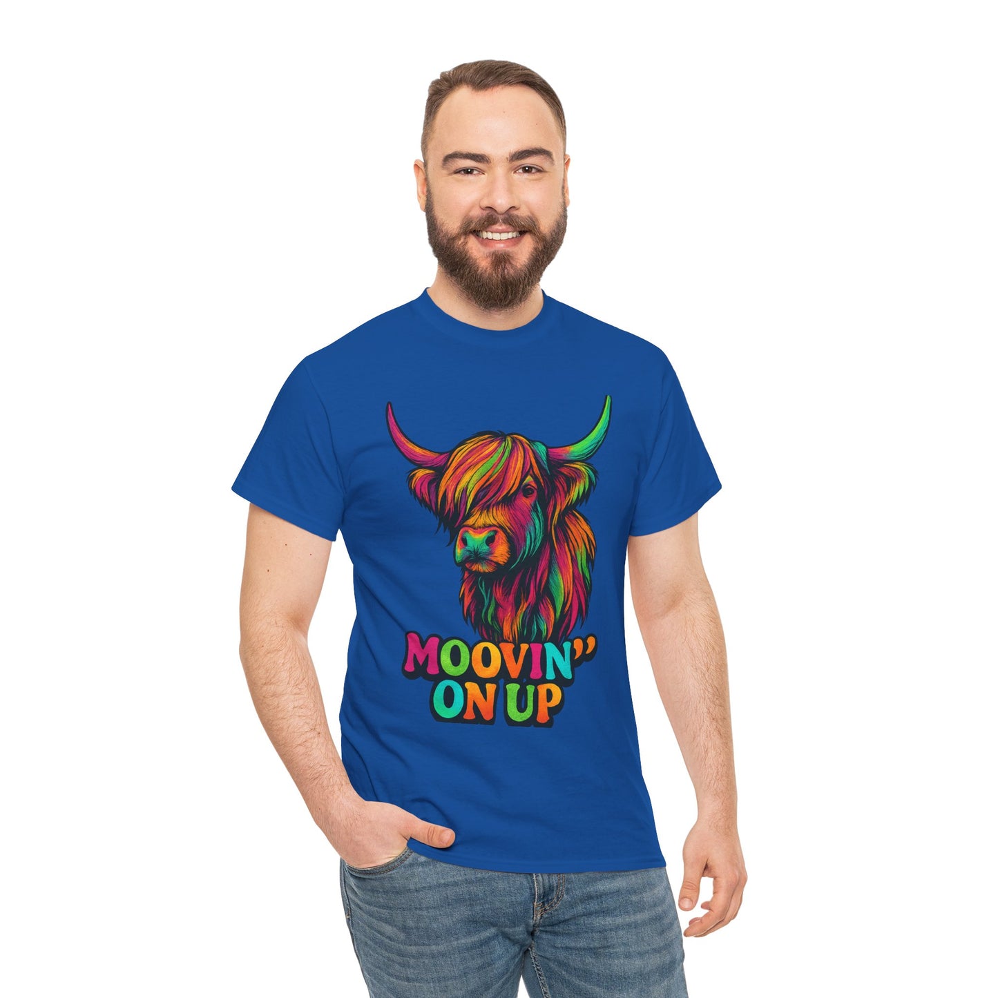 Neon "Hairy Coo, Moo'vin on up" Scottish slogan T-Shirt, Various colors & sizes available