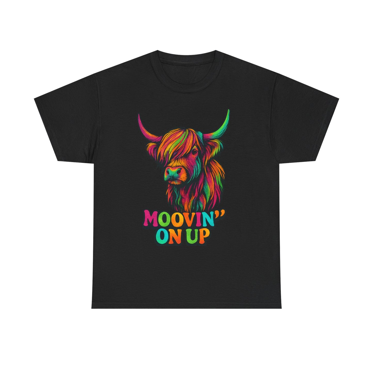 Neon "Hairy Coo, Moo'vin on up" Scottish slogan T-Shirt, Various colors & sizes available