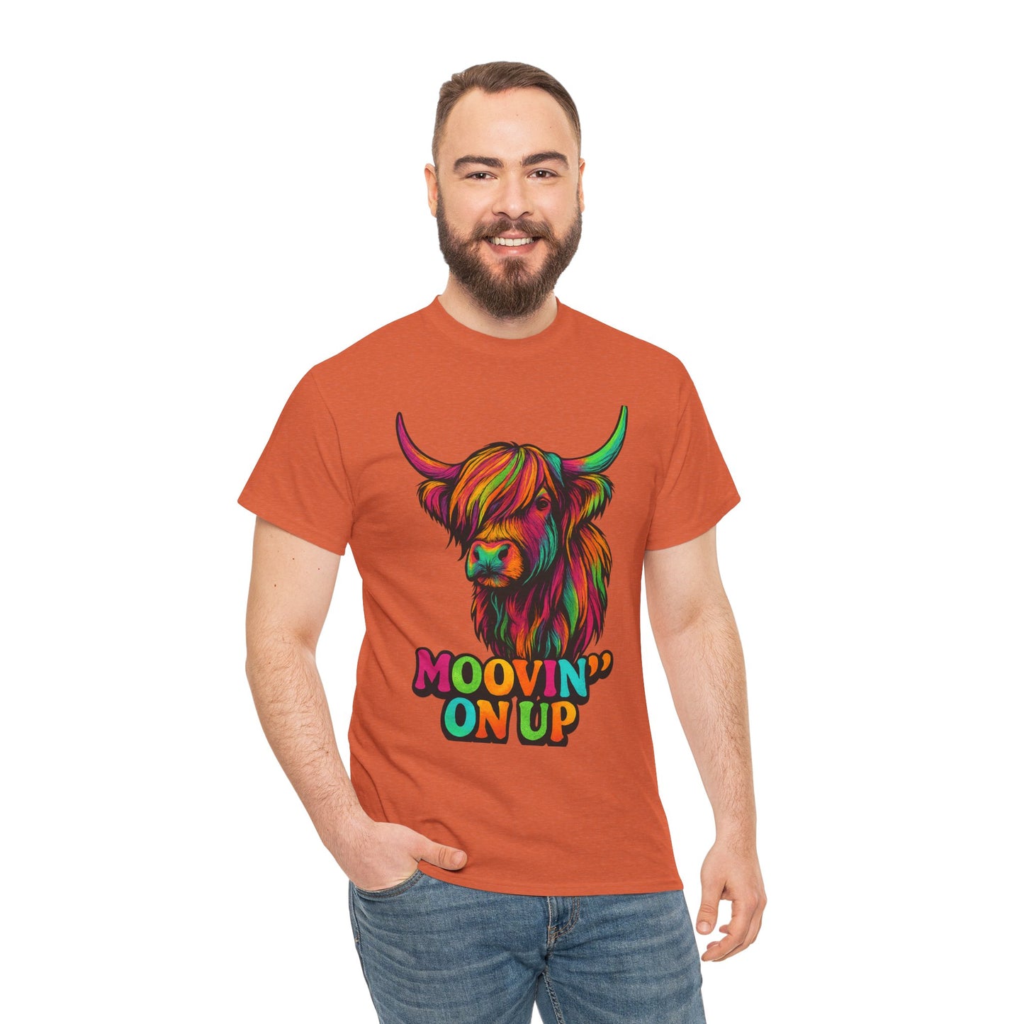Neon "Hairy Coo, Moo'vin on up" Scottish slogan T-Shirt, Various colors & sizes available